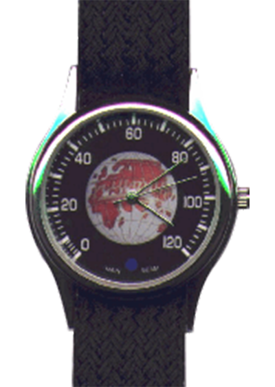Diese Uhr ist ein Fantasiemodell, bestehend aus der Kopie eines amerikanischen TR4-Tachometers in Kombination mit der Weltkugel einer Radkappe des gleichen Modells