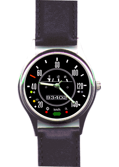 Neu: Tachodesign vom VW-Käfer KM-Anzeige, Gehäuse in Matt oder glänzend. Lederband.